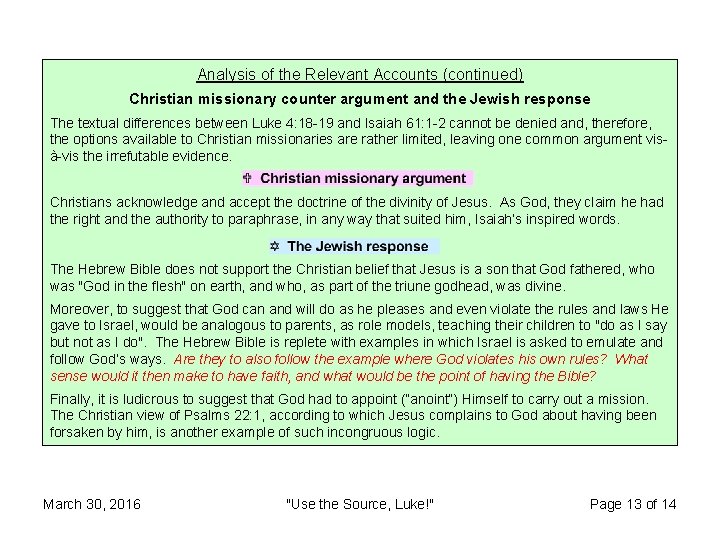 Analysis of the Relevant Accounts (continued) Christian missionary counter argument and the Jewish response