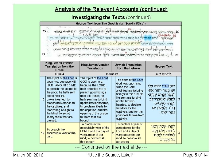 Analysis of the Relevant Accounts (continued) Investigating the Texts (continued) --- Continued on the