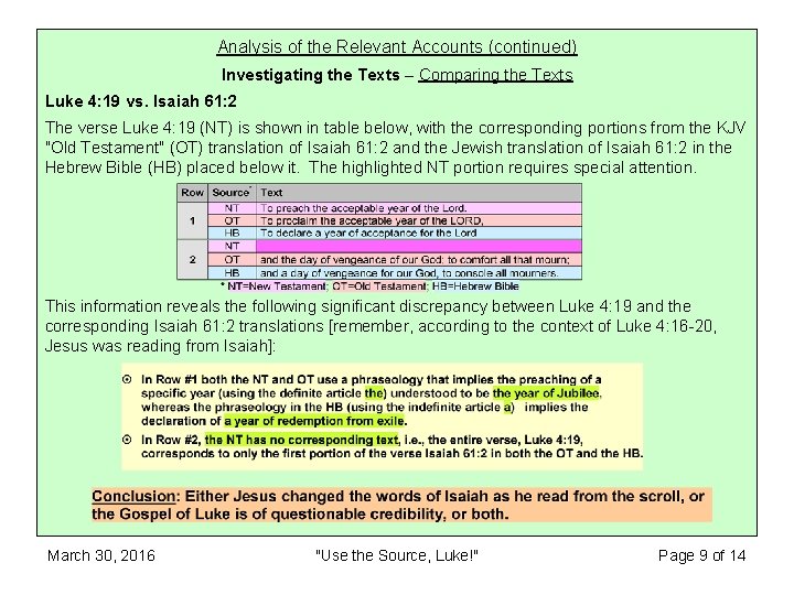 Analysis of the Relevant Accounts (continued) Investigating the Texts – Comparing the Texts Luke