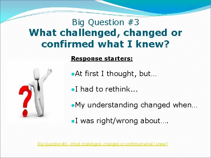 Big Question #3 What challenged, changed or confirmed what I knew? Response starters: ●At