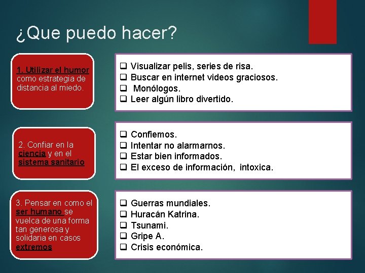 ¿Que puedo hacer? 1. Utilizar el humor como estrategia de distancia al miedo. q ¿Que puedo hacer? 1. Utilizar el humor como estrategia de distancia al miedo. q