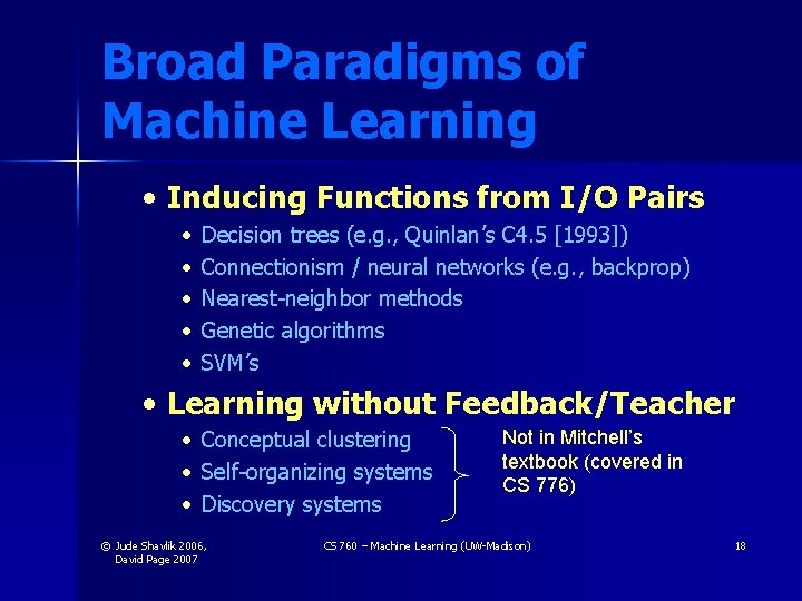 Broad Paradigms of Machine Learning • Inducing Functions from I/O Pairs • • • Broad Paradigms of Machine Learning • Inducing Functions from I/O Pairs • • •