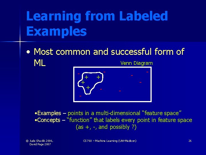 Learning from Labeled Examples • Most common and successful form of Venn Diagram ML Learning from Labeled Examples • Most common and successful form of Venn Diagram ML