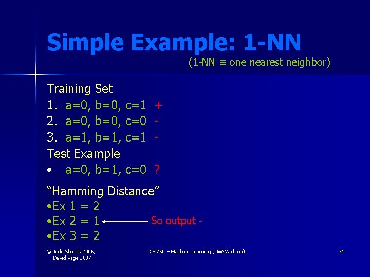 Simple Example: 1 -NN (1 -NN ≡ one nearest neighbor) Training Set 1. a=0, Simple Example: 1 -NN (1 -NN ≡ one nearest neighbor) Training Set 1. a=0,