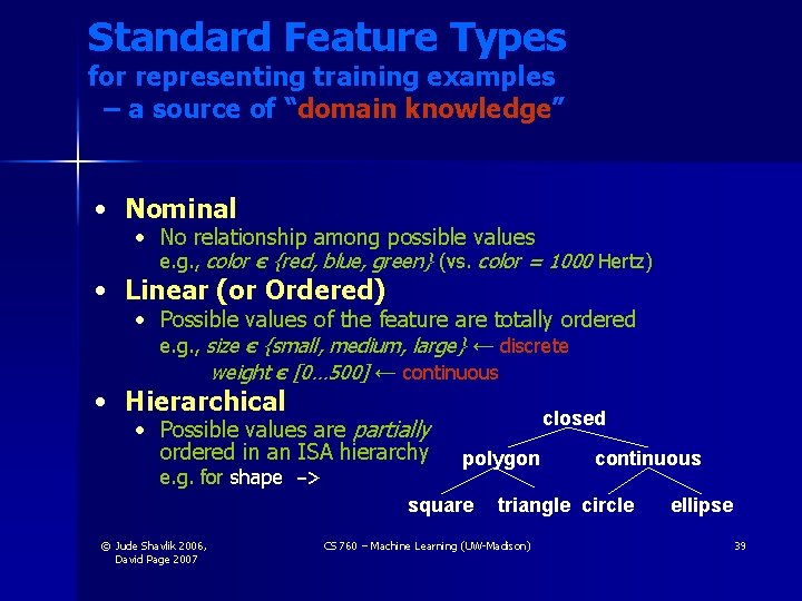 Standard Feature Types for representing training examples – a source of “domain knowledge” • Standard Feature Types for representing training examples – a source of “domain knowledge” •