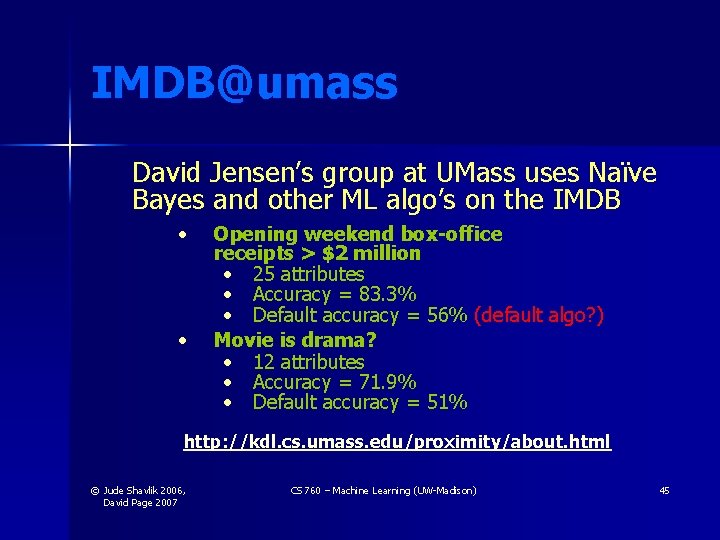 IMDB@umass David Jensen’s group at UMass uses Naïve Bayes and other ML algo’s on IMDB@umass David Jensen’s group at UMass uses Naïve Bayes and other ML algo’s on