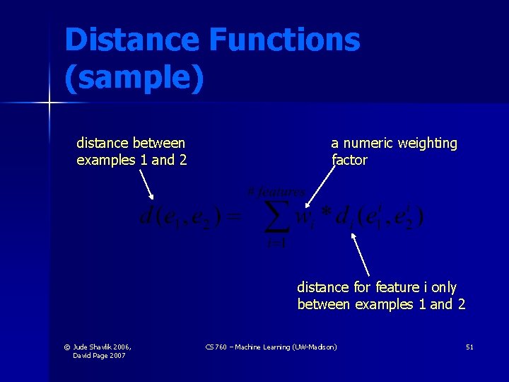 Distance Functions (sample) distance between examples 1 and 2 a numeric weighting factor distance Distance Functions (sample) distance between examples 1 and 2 a numeric weighting factor distance