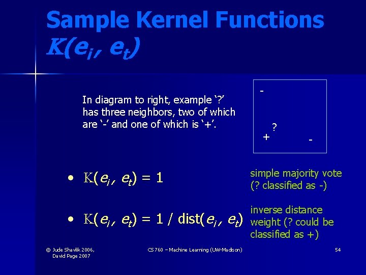 Sample Kernel Functions K(ei , et) In diagram to right, example ‘? ’ has Sample Kernel Functions K(ei , et) In diagram to right, example ‘? ’ has