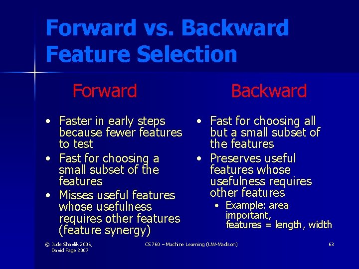 Forward vs. Backward Feature Selection Forward Backward • Faster in early steps because fewer Forward vs. Backward Feature Selection Forward Backward • Faster in early steps because fewer