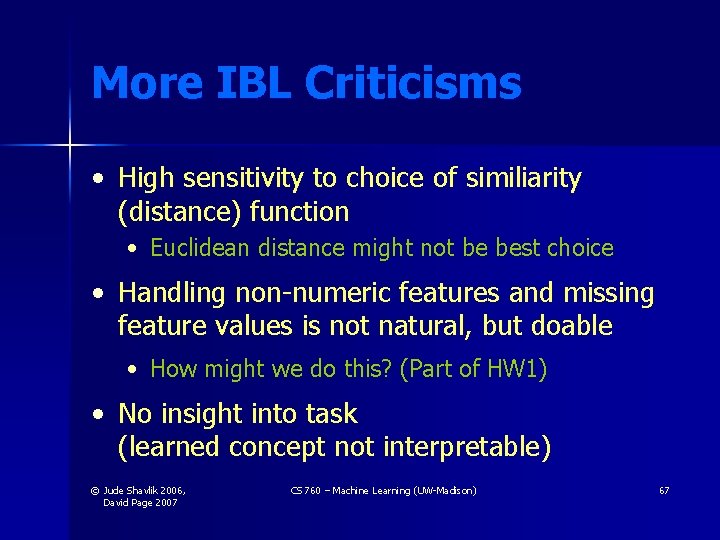More IBL Criticisms • High sensitivity to choice of similiarity (distance) function • Euclidean More IBL Criticisms • High sensitivity to choice of similiarity (distance) function • Euclidean