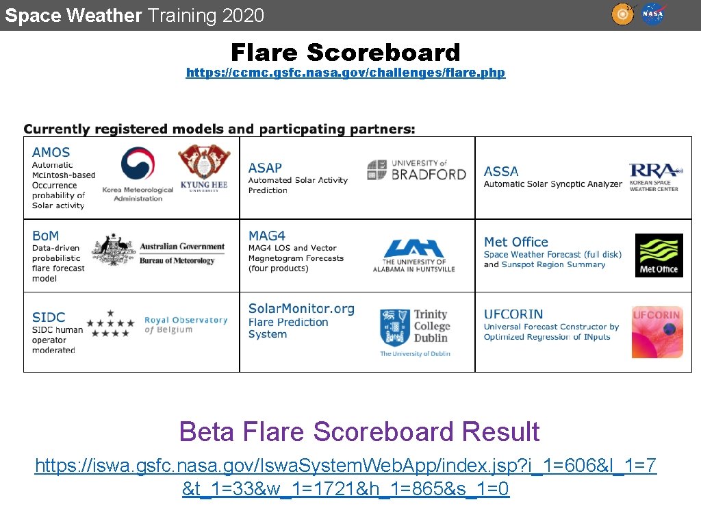 Space Weather Training 2020 Flare Scoreboard https: //ccmc. gsfc. nasa. gov/challenges/flare. php Beta Flare