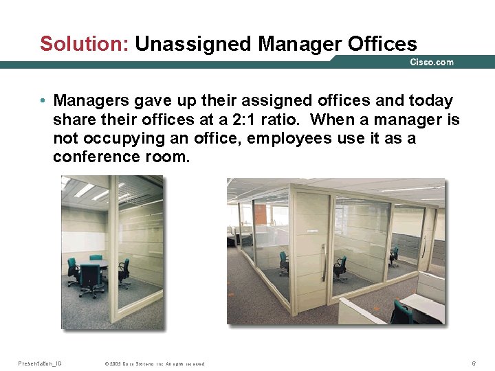 Solution: Unassigned Manager Offices • Managers gave up their assigned offices and today share