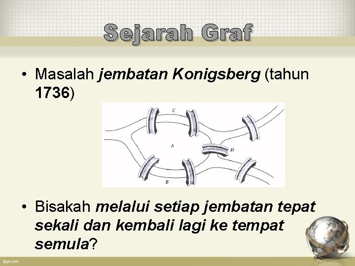 Sejarah Graf • Masalah jembatan Konigsberg (tahun 1736) • Bisakah melalui setiap jembatan tepat