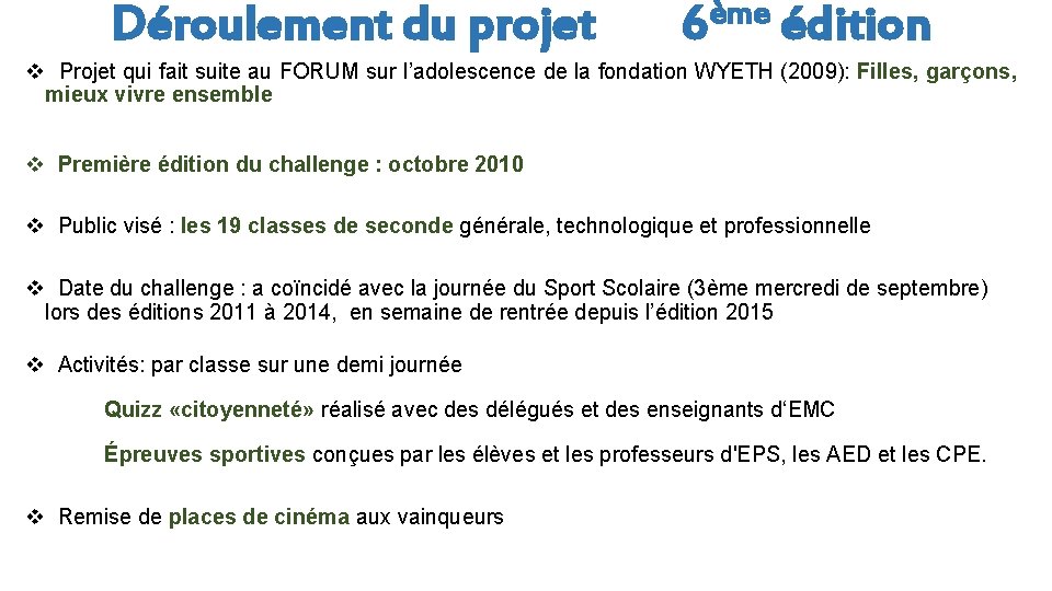 Déroulement du projet 6ème édition v Projet qui fait suite au FORUM sur l’adolescence