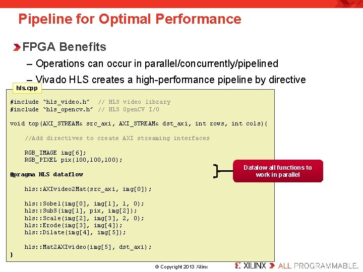 Pipeline for Optimal Performance FPGA Benefits – Operations can occur in parallel/concurrently/pipelined – Vivado