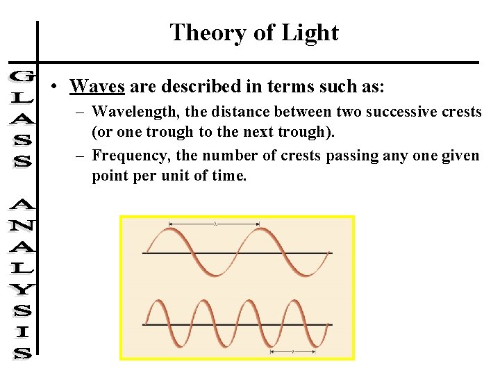 Theory of Light • Waves are described in terms such as: – Wavelength, the