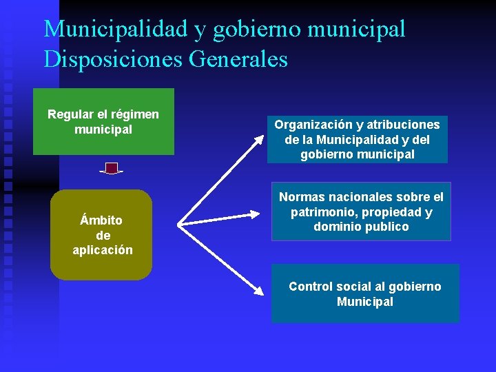 Municipalidad y gobierno municipal Disposiciones Generales Regular el régimen municipal Ámbito de aplicación Organización Municipalidad y gobierno municipal Disposiciones Generales Regular el régimen municipal Ámbito de aplicación Organización