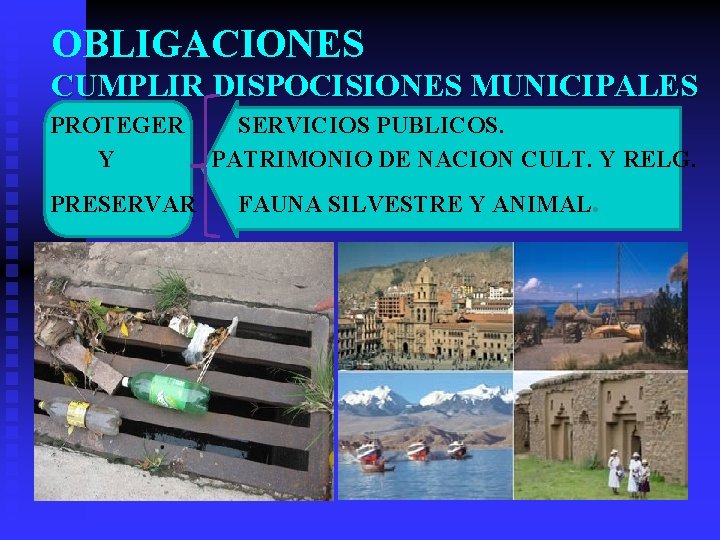 OBLIGACIONES CUMPLIR DISPOCISIONES MUNICIPALES PROTEGER Y PRESERVAR SERVICIOS PUBLICOS. PATRIMONIO DE NACION CULT. Y OBLIGACIONES CUMPLIR DISPOCISIONES MUNICIPALES PROTEGER Y PRESERVAR SERVICIOS PUBLICOS. PATRIMONIO DE NACION CULT. Y