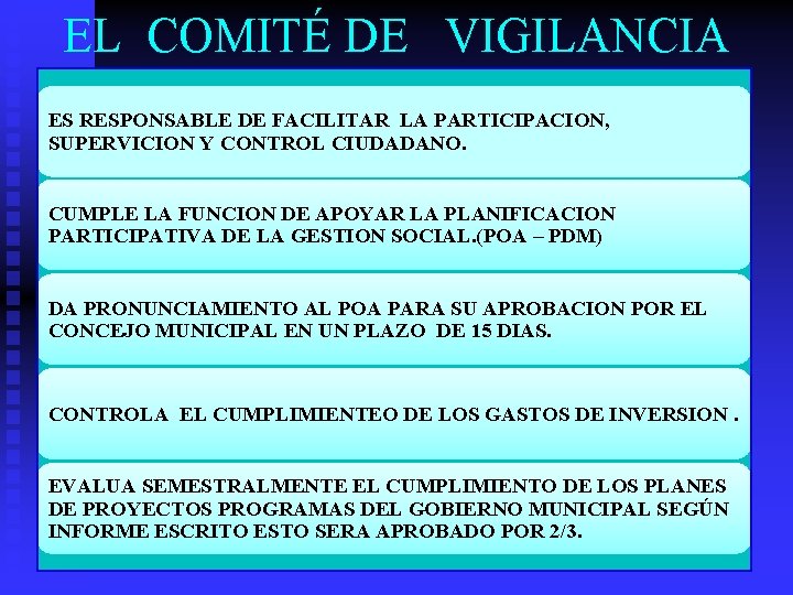 EL COMITÉ DE VIGILANCIA ES RESPONSABLE DE FACILITAR LA PARTICIPACION, SUPERVICION Y CONTROL CIUDADANO. EL COMITÉ DE VIGILANCIA ES RESPONSABLE DE FACILITAR LA PARTICIPACION, SUPERVICION Y CONTROL CIUDADANO.