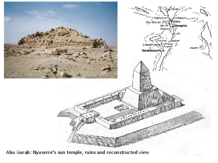 Abu Gurab: Nyuserre's sun temple, ruins and reconstructed view 