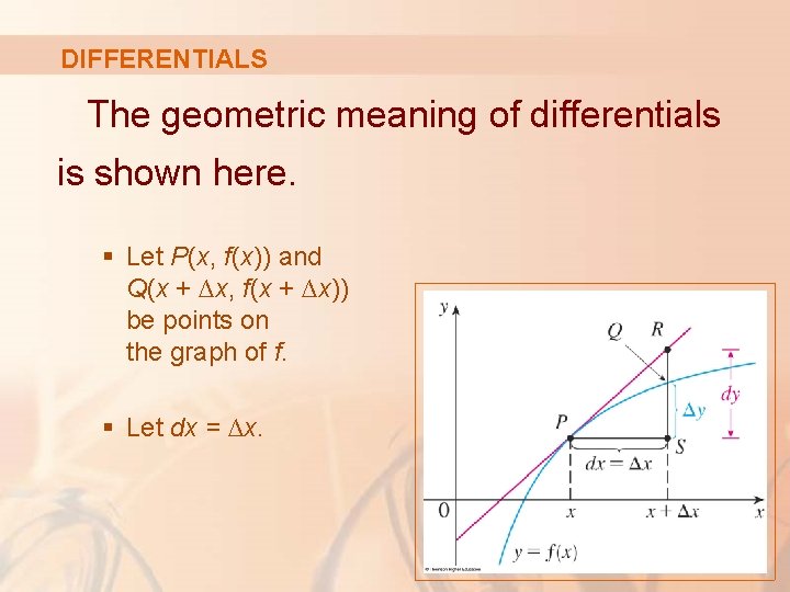 DIFFERENTIALS The geometric meaning of differentials is shown here. § Let P(x, f(x)) and