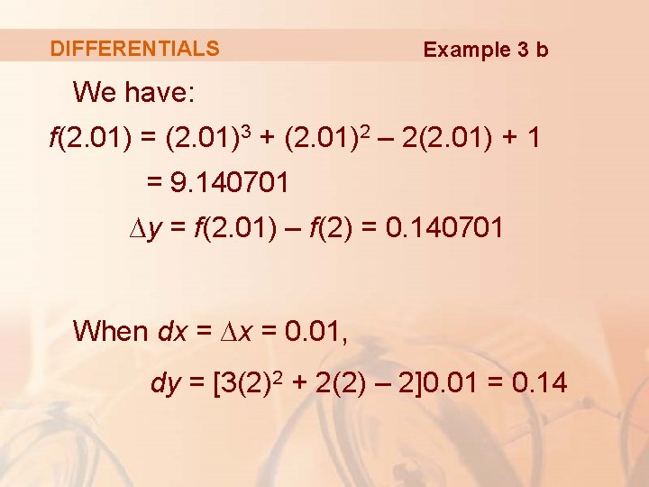 DIFFERENTIALS Example 3 b We have: f(2. 01) = (2. 01)3 + (2. 01)2