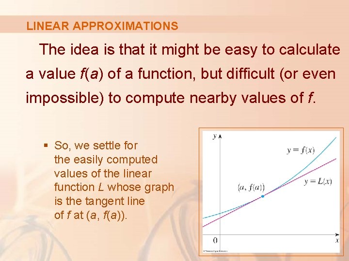 LINEAR APPROXIMATIONS The idea is that it might be easy to calculate a value