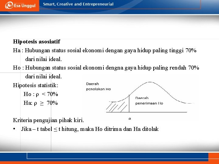 Hipotesis asosiatif Ha : Hubungan status sosial ekonomi dengan gaya hidup paling tinggi 70%