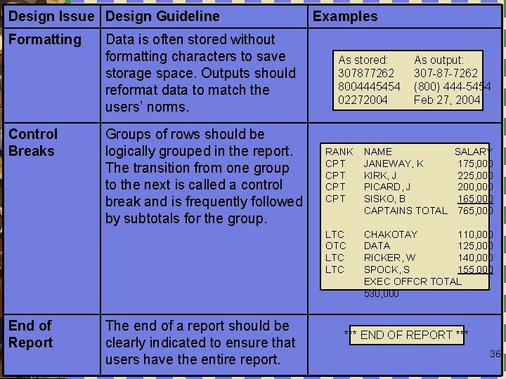 Design Issue Design Guideline Formatting Control Breaks End of Report Data is often stored