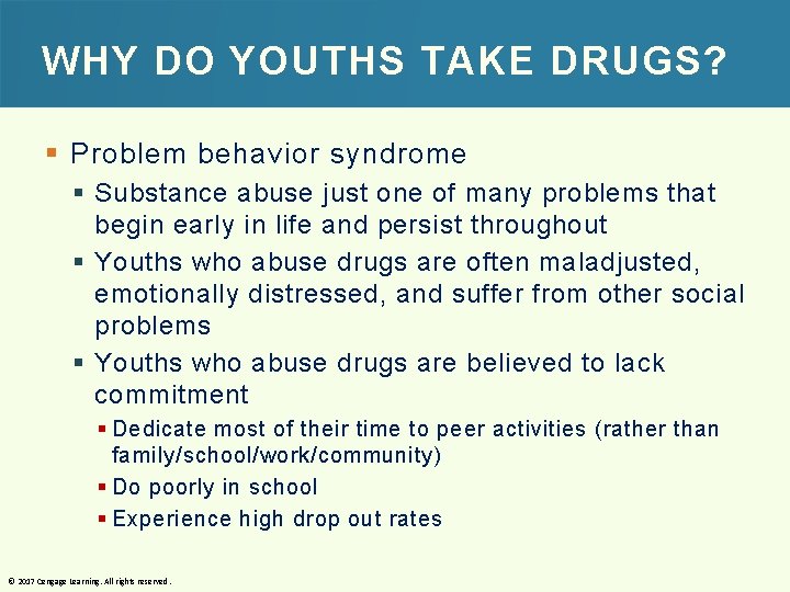 WHY DO YOUTHS TAKE DRUGS? § Problem behavior syndrome § Substance abuse just one