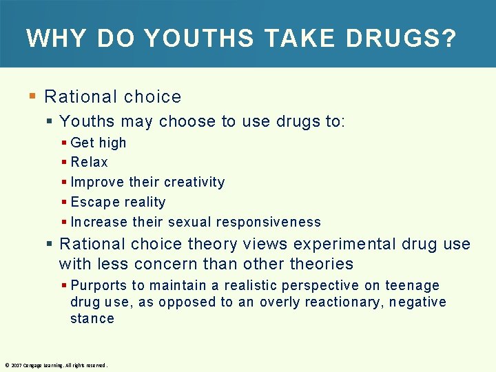 WHY DO YOUTHS TAKE DRUGS? § Rational choice § Youths may choose to use