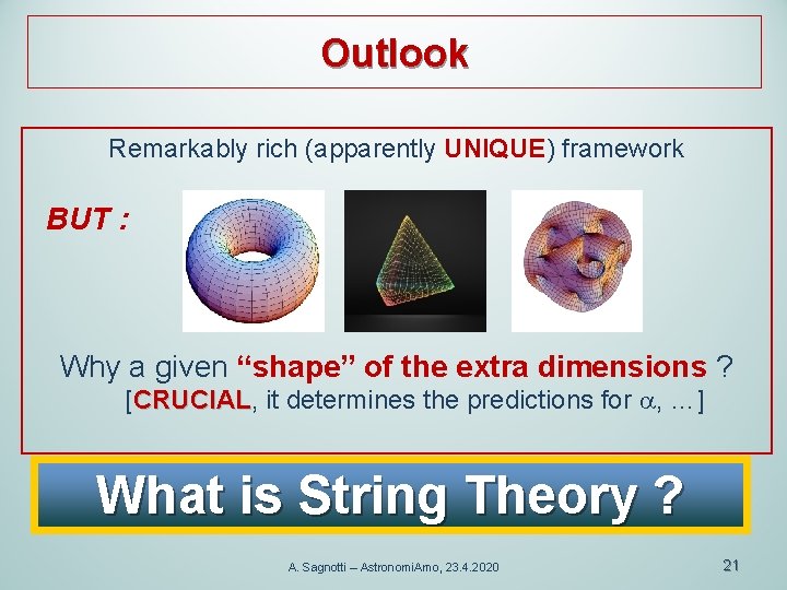 Outlook Remarkably rich (apparently UNIQUE) framework BUT : Why a given “shape” of the