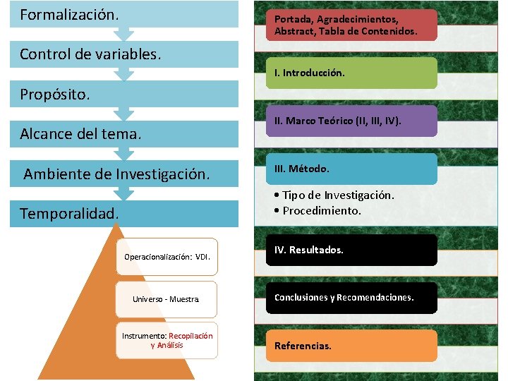 Formalización. Portada, Agradecimientos, Abstract, Tabla de Contenidos. Control de variables. I. Introducción. Propósito. Alcance