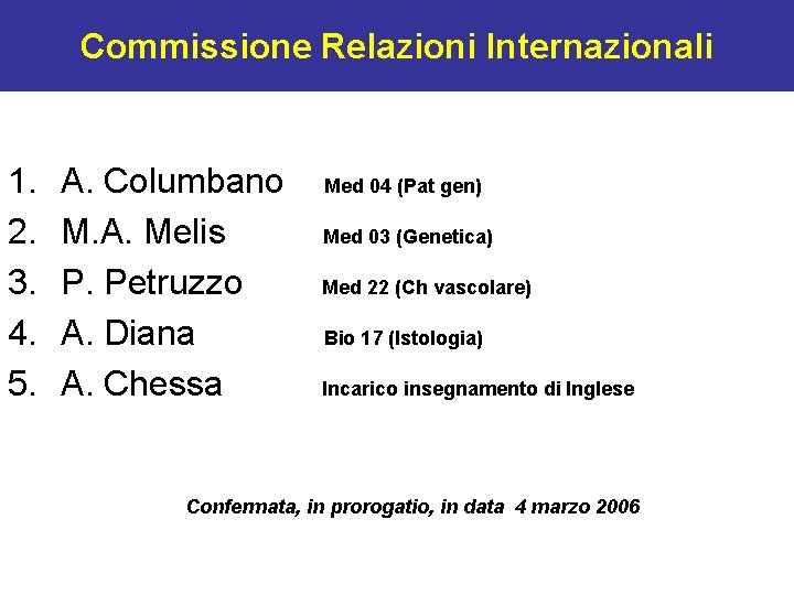 Commissione Relazioni Internazionali 1. 2. 3. 4. 5. A. Columbano Med 04 (Pat gen)