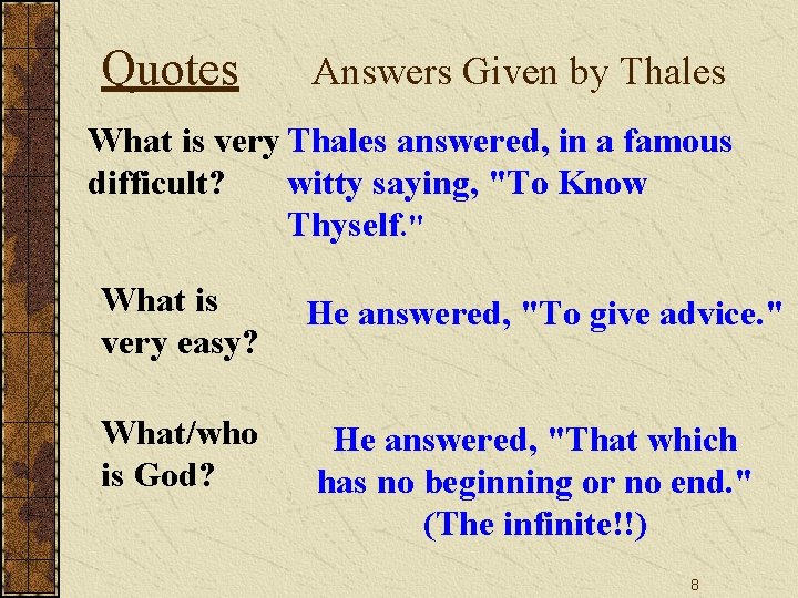 Quotes Answers Given by Thales What is very Thales answered, in a famous difficult?