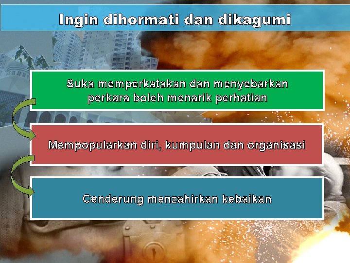 Ingin dihormati dan dikagumi Suka memperkatakan dan menyebarkan perkara boleh menarik perhatian Mempopularkan diri,