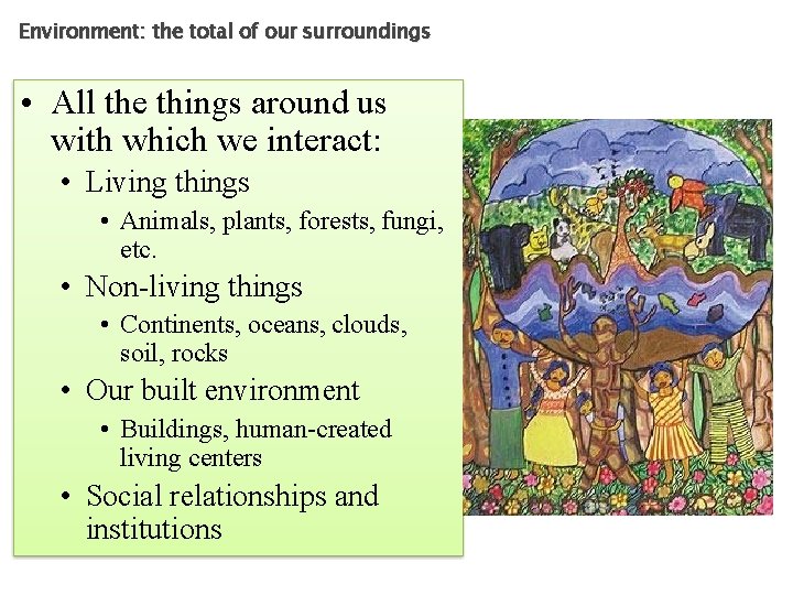 Environment: the total of our surroundings • All the things around us with which