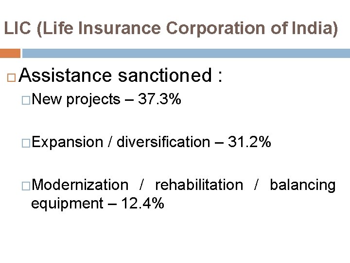 LIC (Life Insurance Corporation of India) Assistance sanctioned : �New projects – 37. 3%