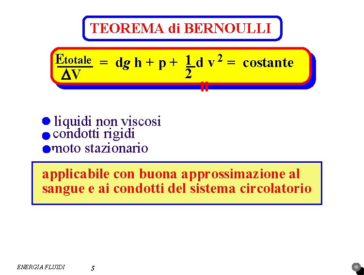TEOREMA di BERNOULLI Etotale = dg h + p + 1 d v 2