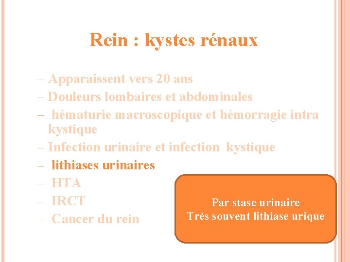 Rein : kystes rénaux – Apparaissent vers 20 ans – Douleurs lombaires et abdominales