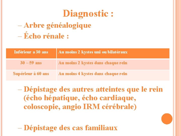 Diagnostic : – Arbre généalogique – Écho rénale : Inférieur a 30 ans Au