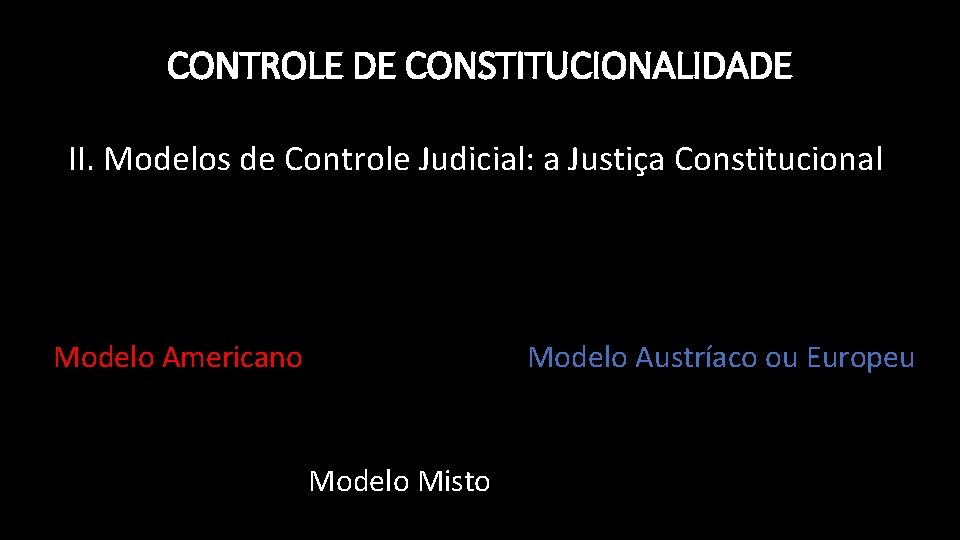 CONTROLE DE CONSTITUCIONALIDADE II. Modelos de Controle Judicial: a Justiça Constitucional Modelo Americano Modelo