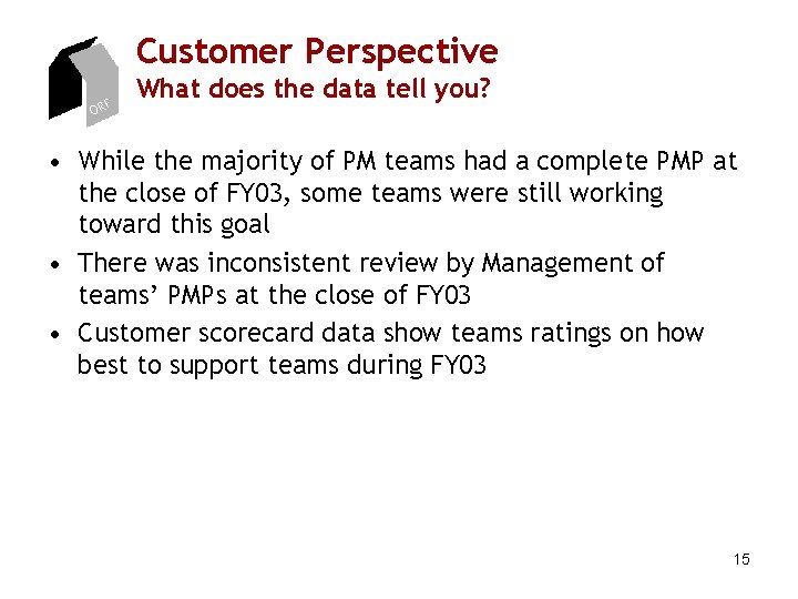 Customer Perspective ORF What does the data tell you? • While the majority of Customer Perspective ORF What does the data tell you? • While the majority of