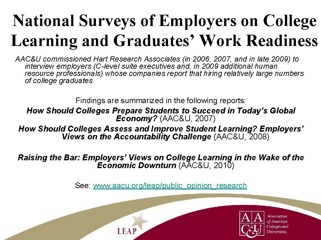 National Surveys of Employers on College Learning and Graduates’ Work Readiness AAC&U commissioned Hart