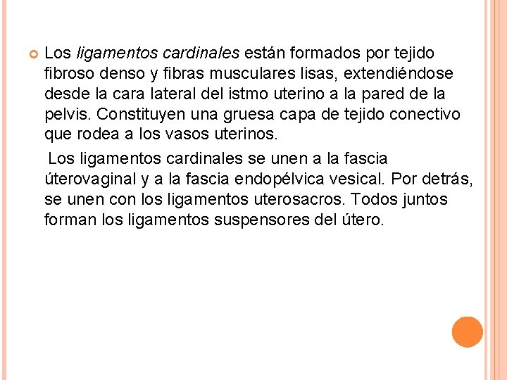 Los ligamentos cardinales están formados por tejido fibroso denso y fibras musculares lisas, extendiéndose