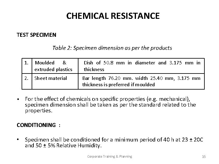 CHEMICAL RESISTANCE TEST SPECIMEN Table 2: Specimen dimension as per the products • 1.