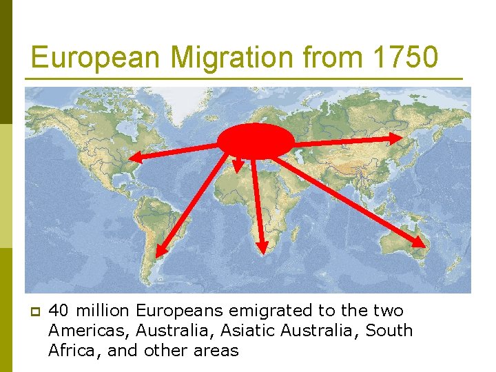 European Migration from 1750 p 40 million Europeans emigrated to the two Americas, Australia,