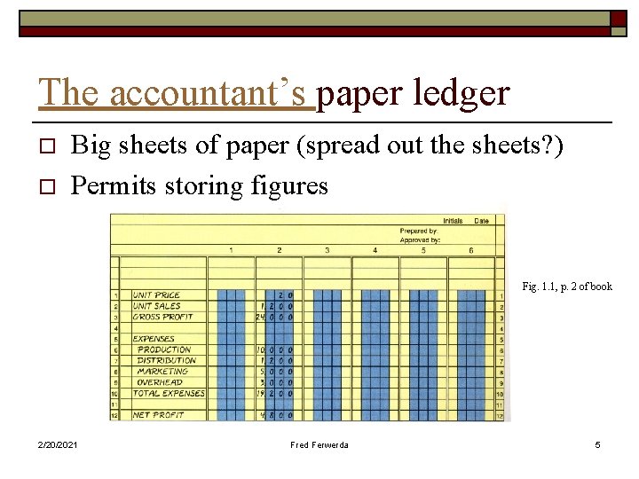 The accountant’s paper ledger o o Big sheets of paper (spread out the sheets?