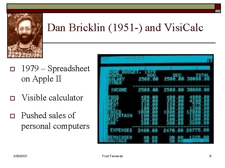 Dan Bricklin (1951 -) and Visi. Calc o 1979 – Spreadsheet on Apple II