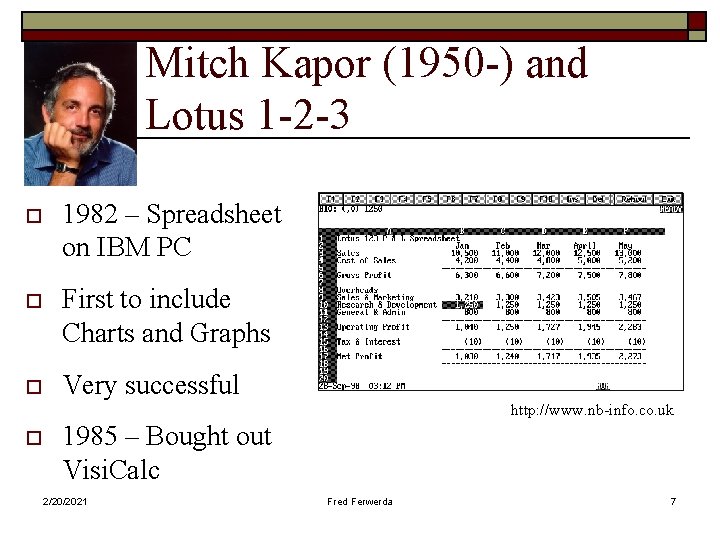 Mitch Kapor (1950 -) and Lotus 1 -2 -3 o 1982 – Spreadsheet on